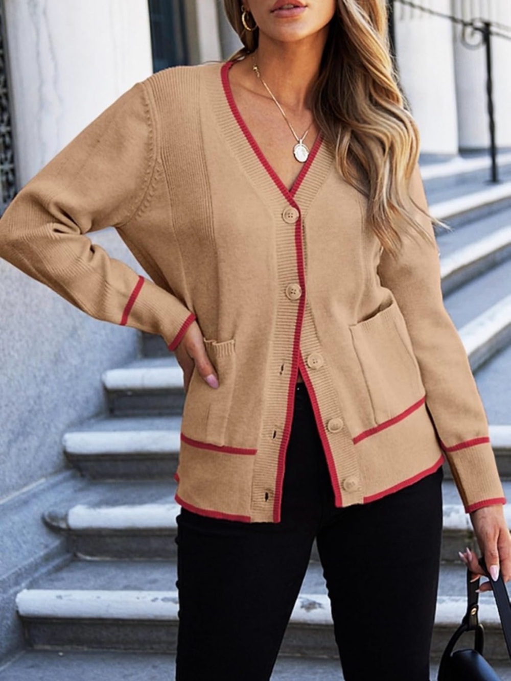 Beige V-Neck Button Cardigan with Pink Trim NWT